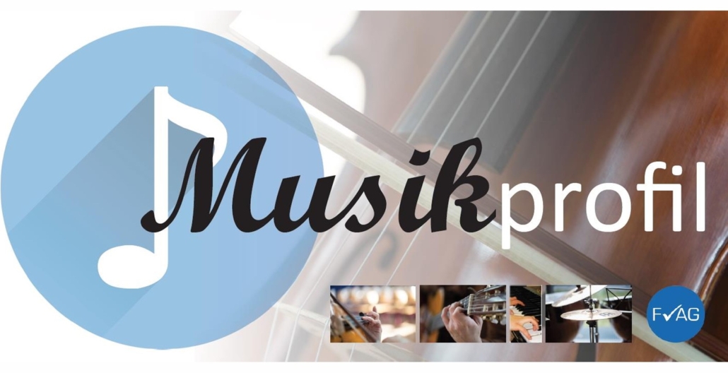 Im Hintergrund ist ein Teil eines Streichinstruments zu sehen. Im mittleren Bereich steht die große Überschrift "Musikprofil". Im unteren Bereich sind kleine Bilder mit einer Geige, einem Gitarrengriff, einem Schlagzeug und das Schullogo zu sehen.
