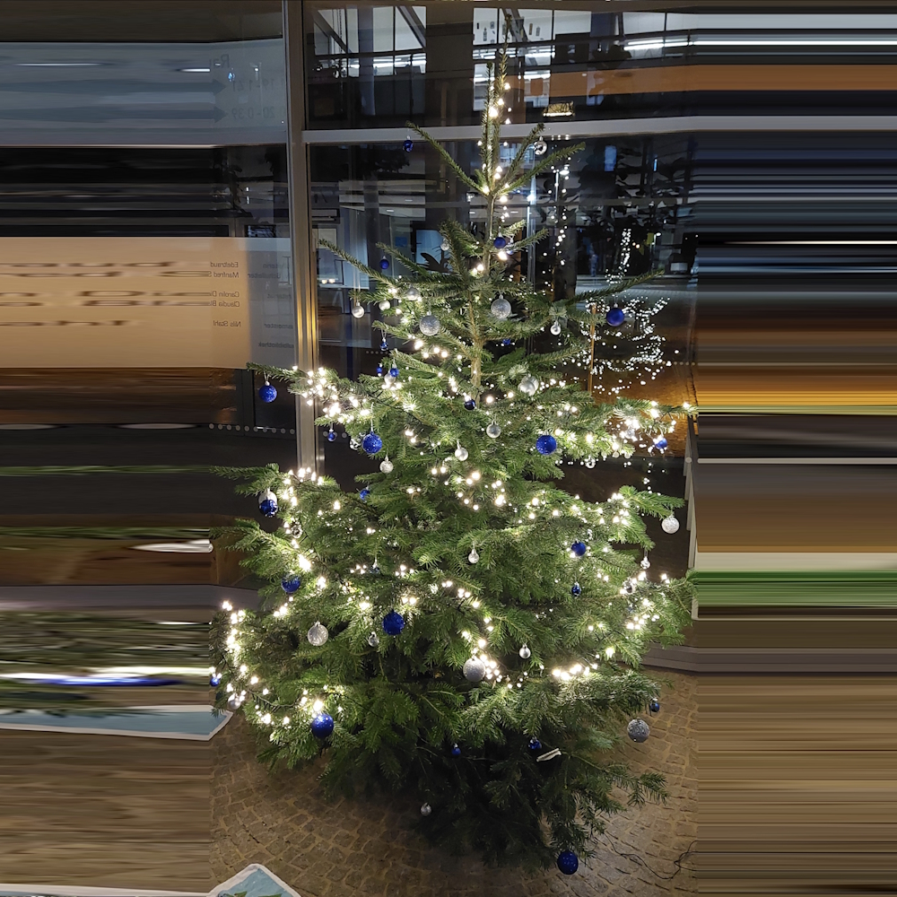 Abgebildet ist ein Tannenbaum im Foyer, der beleuchtet ist und mit blau-silbernen Kugeln dekoriert wurde.