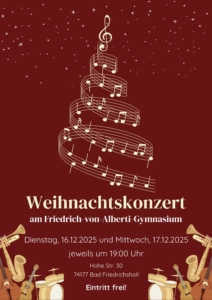 Plakat zur Ankündigung des Weihnachtskonzerts 2025 Als Motiv ist ein Baum aus Notenlinien abgebildet.