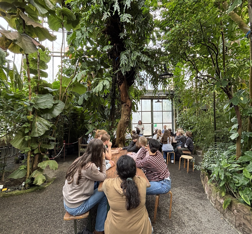 Eine Schülergruppe sitzt in einem Gewächshaus des Botanischen Gartens.